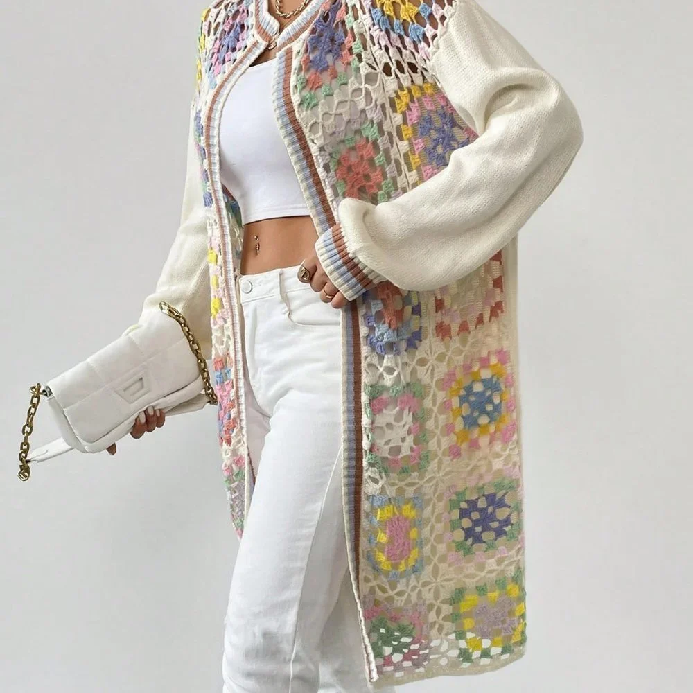 Apricot Casual Womens Geo Pattern Drop Shoulder Open Front Cardigan - Picture 5 of 5